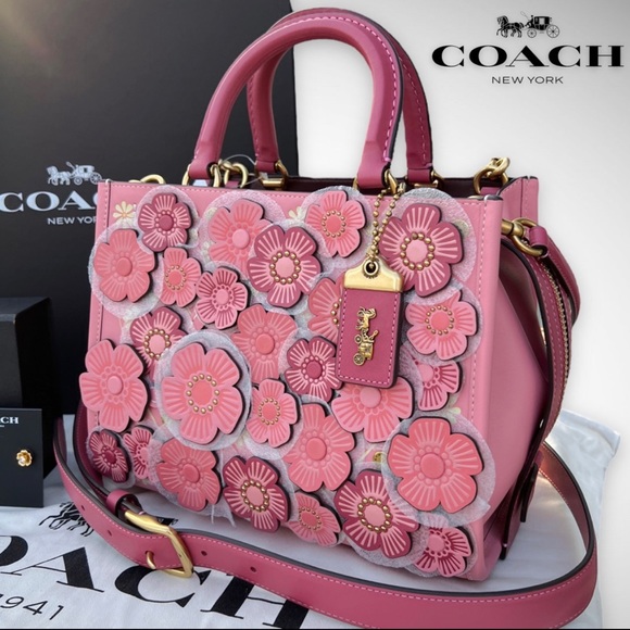 AUTHENTICATED NWT Coach Rogue 25 Colorblock w/ Tea Rose & Coach Tea Rose Studs - Picture 6 of 17